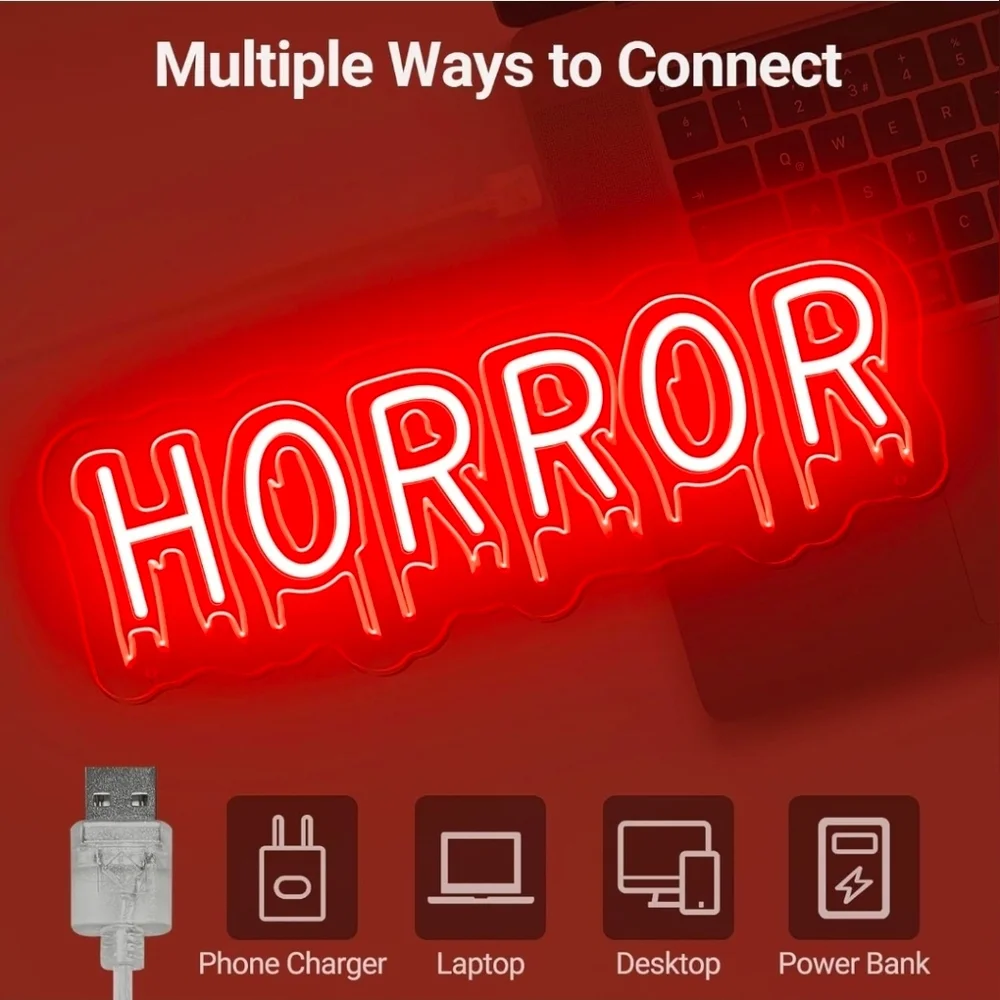Horror Neon Signs, Red Spooky Halloween Led Neon Light Sign for Haunted House